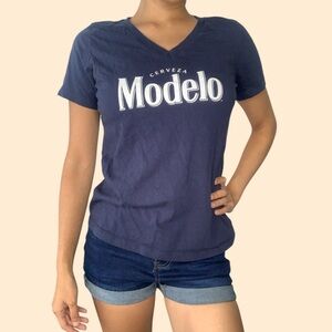 Blue & White Women’s Short Sleeve V-neck Modelo Cerveza Brand Ambassador T-shirt